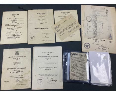 WWII German Third Reich Wehrmacht Ephemera, including various award presentation certificates, death cards and other document