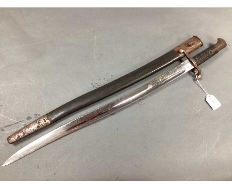 XIX Century Pattern 1856 British Yataghan Sword Bayonet and Scabbard, with broad arrow and inspection stamps to blade and sca