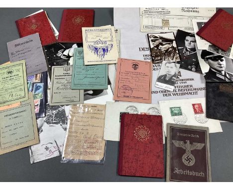 WWII Era German Third Reich Labour Front Membership Books, membership cards, work book, receipts, stamps and other ephemera. 