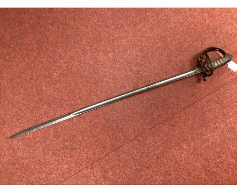 XIX Century British 1827 Pattern Rifle Officers Sword, slightly curved, etched blade, crown and bugle cartouche, incorporated