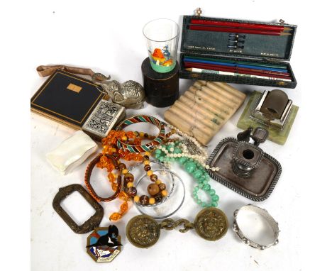 Various collectables, including silver-mounted green onyx and glass desk roller, veined marble pen tray, Indian white metal b