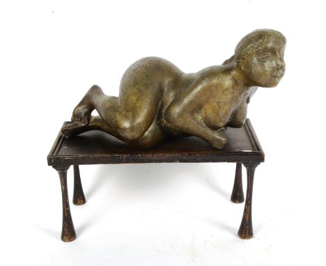 A modernist bronzed composition figural Studio sculpture on plinth base, signed with initials KB, length 32cm