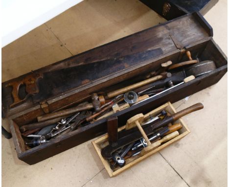 Various Vintage tools and boxes, including bill hook, saw etc 