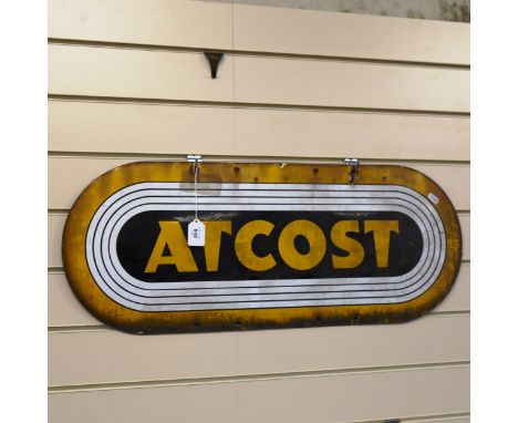 A Vintage Atcost yellow enamel advertising sign, 31cm x 76cm 
