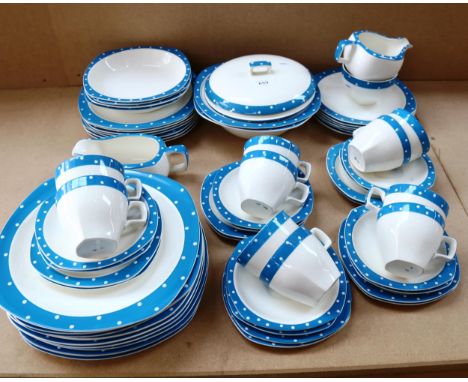 Midwinter Stylecraft dinner service and matching tea set, with blue polka dot borders, including 2 vegetable tureens and sauc