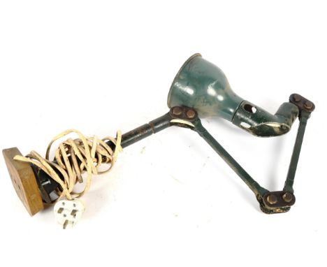 MEK-ELEK - a retro mid-century green industrial factory desk top machinist's anglepoise lamp, with white enamel lined shade, 