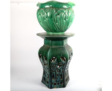 A Majolica jardiniere on matched Oriental pierced ceramic stand, height 78cm overall (A/F) 
