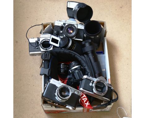 Various Vintage cameras and accessories, including Praktica MTL3, Pentax ME Super, and various lenses (boxful) 