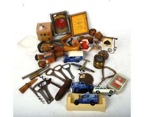 Carved wood bottle openers, nutcracker etc 