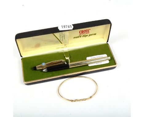 A 9ct gold bangle, 3.9g, and a 10ct gold plated soft tip pen by Cross, boxed (2) 