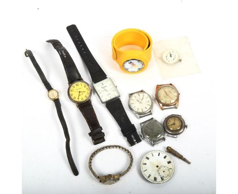 A silver-cased pocket watch, a chrome plater Eterna wristwatch, Allaine, and various others 