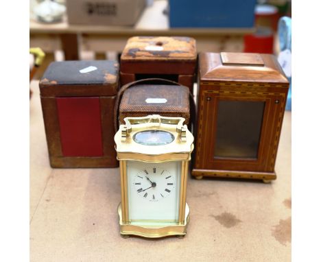 An English brass-cased carriage clock, a Vintage inlaid wood carriage clock case, height 16cm, and 3 others 