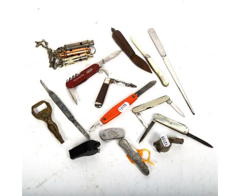 Various penknives and whistles, including silver-bladed mother-of-pearl handled fruit knife 