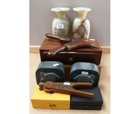 3 cased scales and weights, bookends, knives, nutcracker, and a pair of onyx vases, height 29cm 