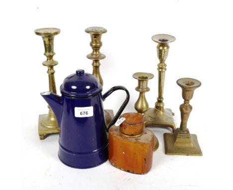 5 brass candlesticks, an enamel coffee pot and lacquer tea caddy, height 11.5cm 