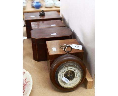 A 19th century tea caddy with swan knop, 22cm across, and 3 smaller Antique tea caddies with fitted interiors, and a baromete