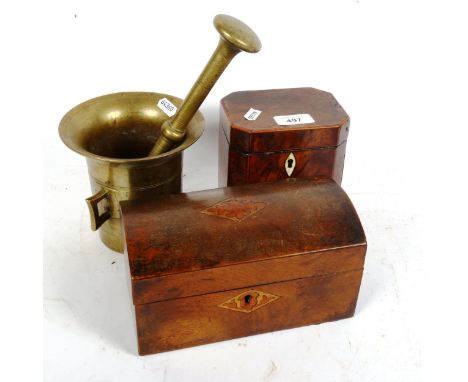 A brass pestle and mortar, a 19th century tea caddy lacking fittings, height 12.5cm, and a dome-top box 
