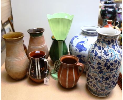 Earthenware jugs, Chinese vase, height 28cm, and a Vintage plastic table lamp 