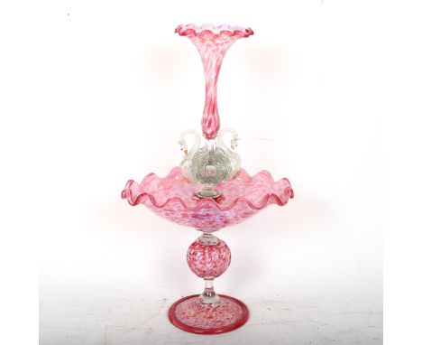 A Vintage pink glass table centre epergne with swan supports, height 36cm 