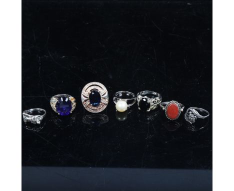 7 various silver stone and pearl set dress rings 