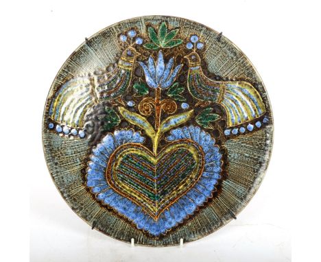 A quimper Studio plate, with stylised bird and floral design, designed and dated 1960, 32cm 