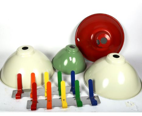 A Vintage red enamel lamp shade, 37cm, 3 metal shades, and a pair of colourful sets of coat hooks 