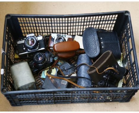 Various cameras and binoculars, including Olympus OM40, Minolta XE-1 etc (boxful) 