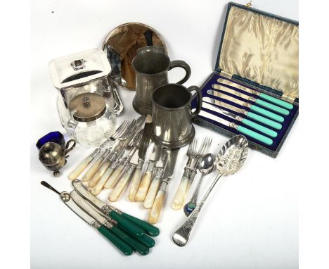 A silver plated tea caddy, mother-of-pearl fruit knives and forks, cutlery etc (boxful) 