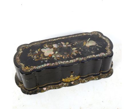 A Victorian lobed lacquered box, with mother-of-pearl decoration, length 26cm 