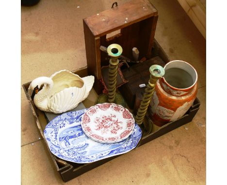 Various collectables, including Vintage novelty trunk biscuit tin, brass barley twist candlesticks, pottery swan etc (boxful)