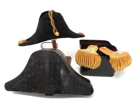 Post 1901 Royal Navy Officer's Bicorn And Epaulettes black beaver bicorn. &nbsp;Black, acorn decorated braid edging. &nbsp;Th