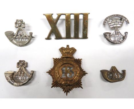 6 x Various 13th Foot Somerset Light Infantry Badges including brass Vic crown 13th helmet plate (re-lugged) ... Cast silvere