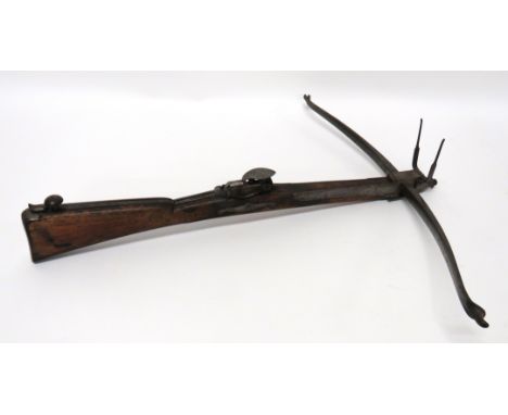 Early 19th Century English Stone Prod Crossbow By Barker steel bow arms. &nbsp;Polished wooden stock with steel forward mound