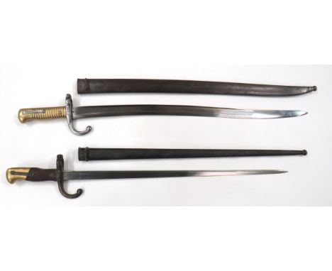 Two 19th Century French Bayonets consisting French M1866 Chassepot bayonet. &nbsp;22 1/2 inch, single edged yataghan blade wi