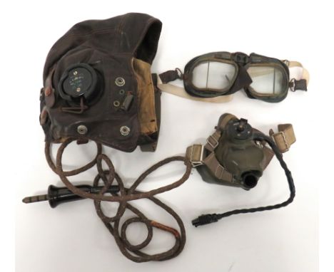 WW2 Period RAF C Type Flying Helmet, H Mask and MK8 Goggles brown chrome leather, multi panel, late pattern helmet. &nbsp;Ela