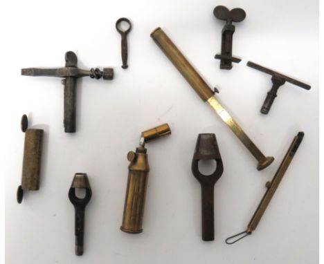 Selection Of Antique Gun Tools including Sergeants pattern gun tool with nipple key, oil bottle, pricker, worm and screwdrive