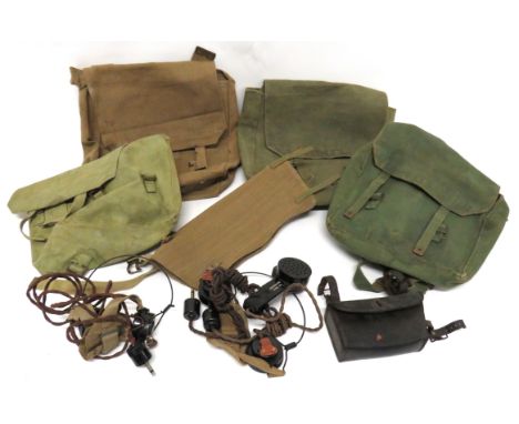 Selection Of WW2 Military Equipment consisting 1943 dated, black leather, bicycle spare parts pouch ... Radio earphone set wi