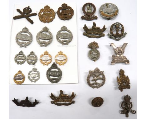 24 x Armoured And Infantry Cap Badges And Collars including brass KC Tank Corps ... White metal KC Royal Tank Reg (lugs) ... 