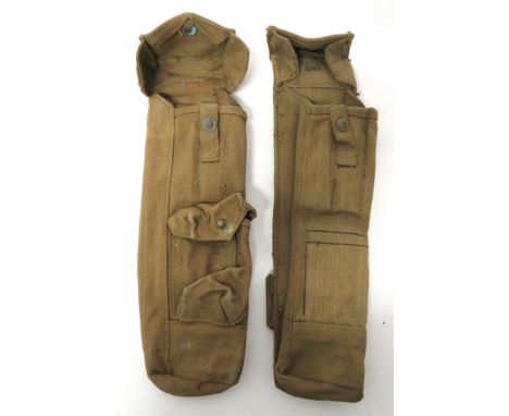 Pair Of WW2 Lanchester SMG Magazine Pouches khaki webbing, long pouches. The front to one with small rectangular pouch to hol