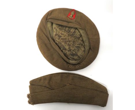 WW2 General Service Beret And Field Service Cap khaki, fine woollen crown, body and lower band. &nbsp;Brass flaming grenade o