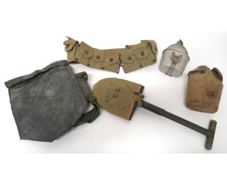 Selection Of American WW1 &amp; WW2 Period Equipment consisting black rubber, Army Assault gas mask box with webbing straps .