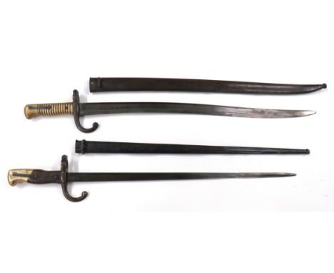 Two 19th Century French Bayonets consisting French M1866 Chassepot bayonet. &nbsp;22 1/2 inch, single edged, yataghan blade w