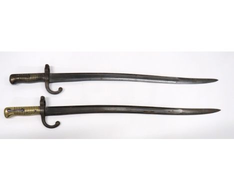 Two French M1866 Chassepot Bayonets 22 1/2 inch, single edged, yataghan blades with large fullers. &nbsp;Back edges with fain