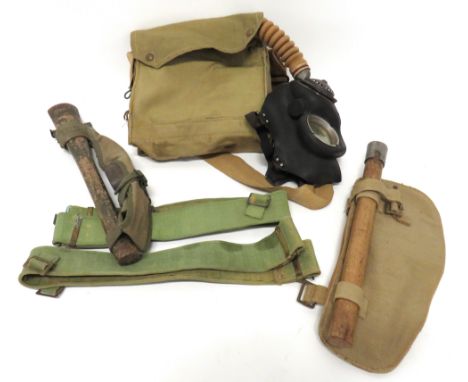 Selection Of WW2 Equipment consisting WW2 entrenching tool steel head and wooden shaft. &nbsp;Complete in its khaki webbing c