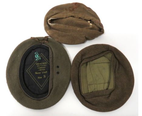 Three Various WW2 Hats consisting khaki, fine woollen beret. &nbsp;Lower, brown leather sweatband. &nbsp;Black cotton lining 