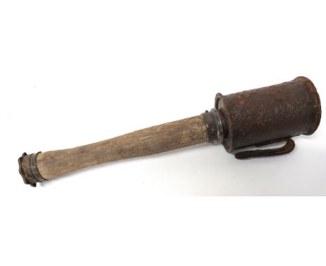 WW1 Inert German M1916 Stick Grenade tin canister head with rear fitted, steel belt hook. &nbsp;Lower steel mounted, wooden h