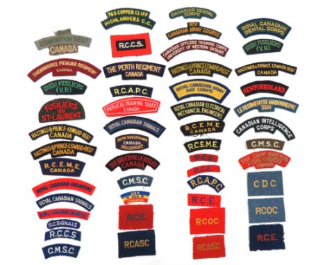 50 x Canadian Embroidery Shoulder Titles including The Brockville Rifles Canada ... Canadian Intelligence Corps ... Canadian 