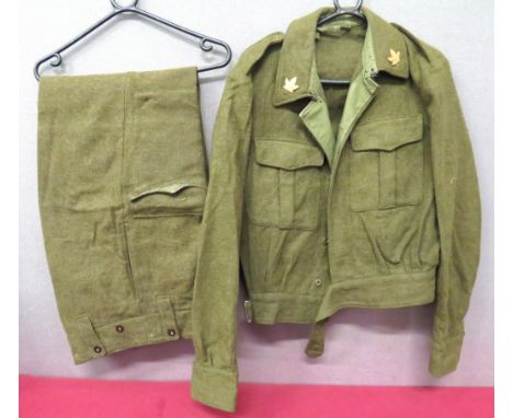 WW2 Canadian Battledress Jacket Dated 1944 And Trousers khaki green, woollen, single breasted, closed collar short jacket. &n