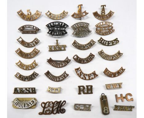 30 x Brass And White Metal Shoulder Titles brass include T6 Essex (brooched) ... T8 Notts &amp; Derby ... Millhill School OTC