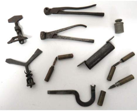 Selection of Antique Gun Tools including steel mainspring clamp ... Gun Y stripping tool with worm ... 2 x steel bullet mould